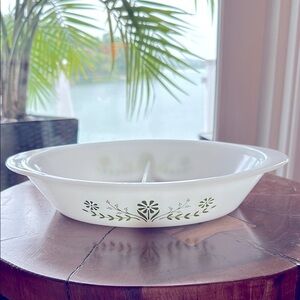 GLASBAKE Divided casserole dish milk glass